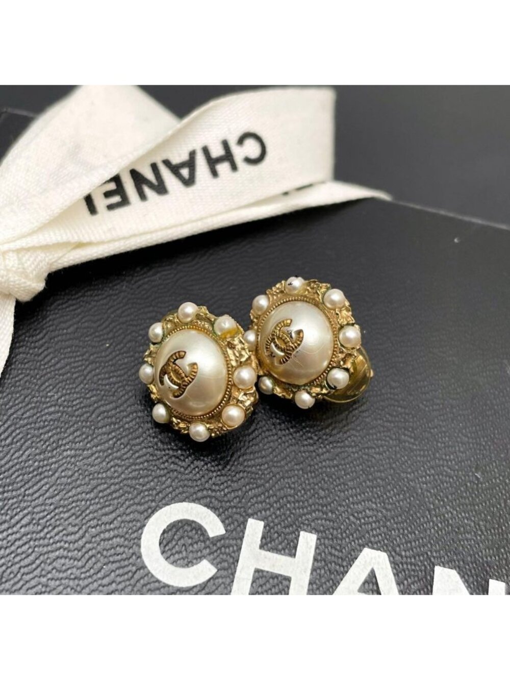 Chanel CC Logo Earrings Faux Pearl Gold